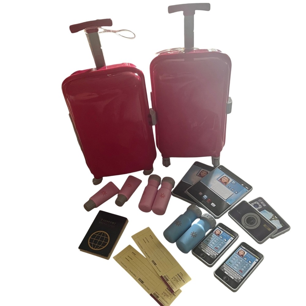 18 Inch Doll Travel Accessory Set Pink Suitcase Passport Tablet Lot 2pk